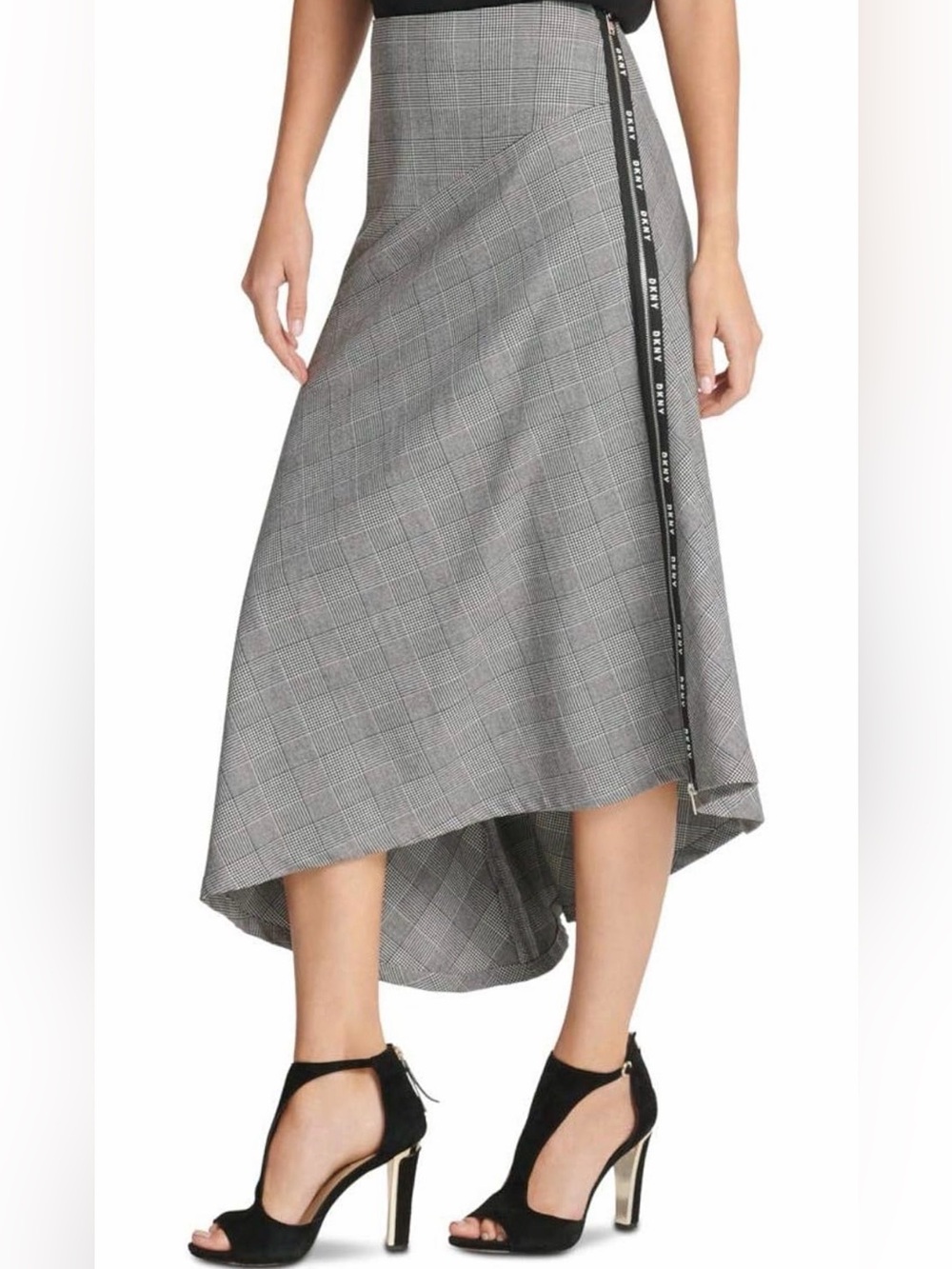 Dkny Gray Plaid Midi Skirt with Side Logo Trim